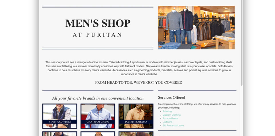Web Design Interior page - Puritan Clothing 
